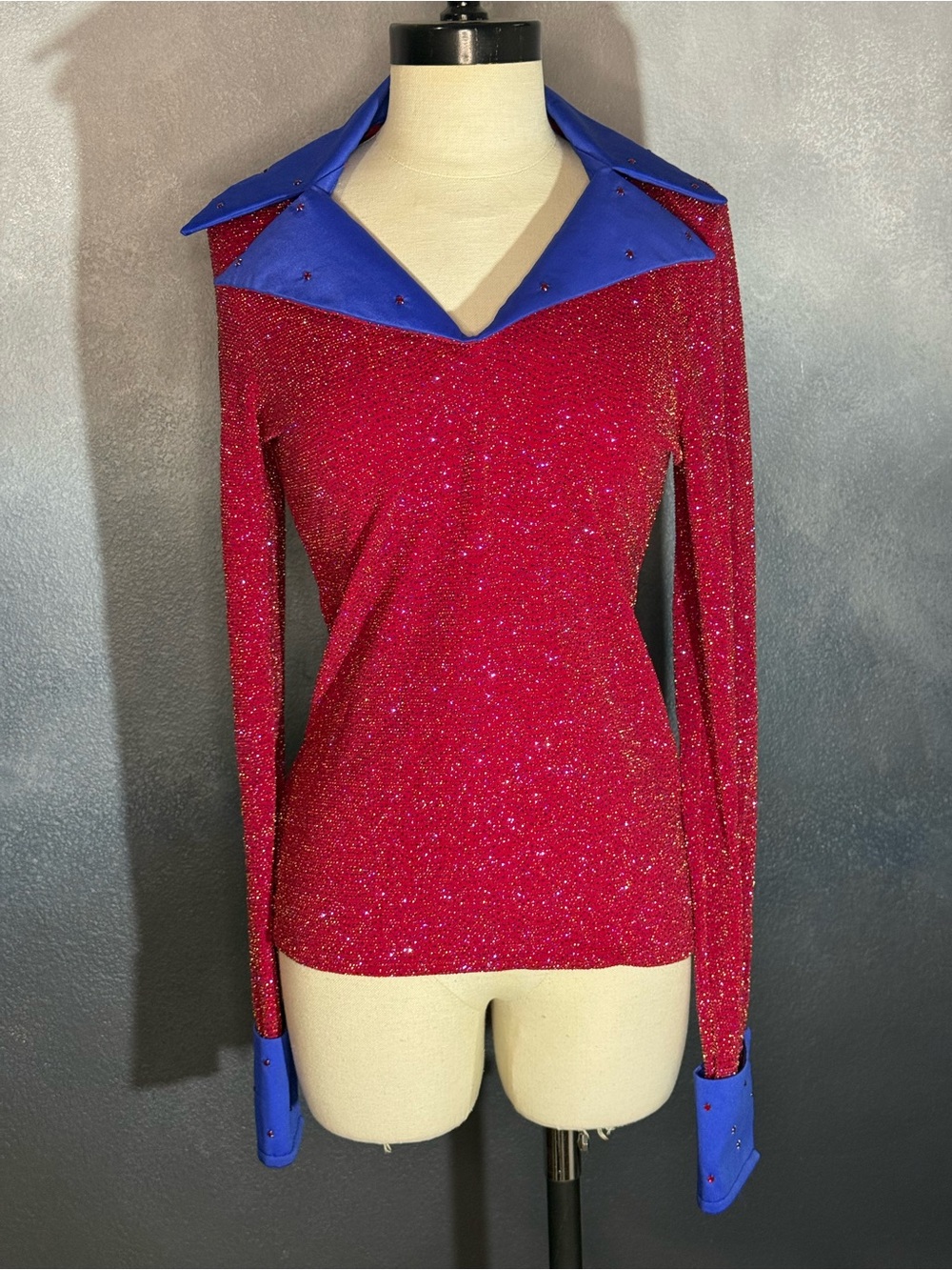 Natural Born Winner Vintage Sparkly Red & Blue Stretch Performance Top - Medium